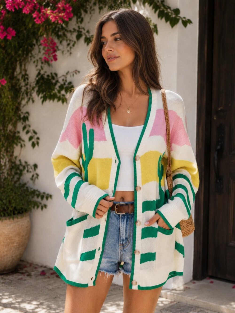 Miss Sparkling Desert Cactus Landscape Oversized Knit Cardigan
